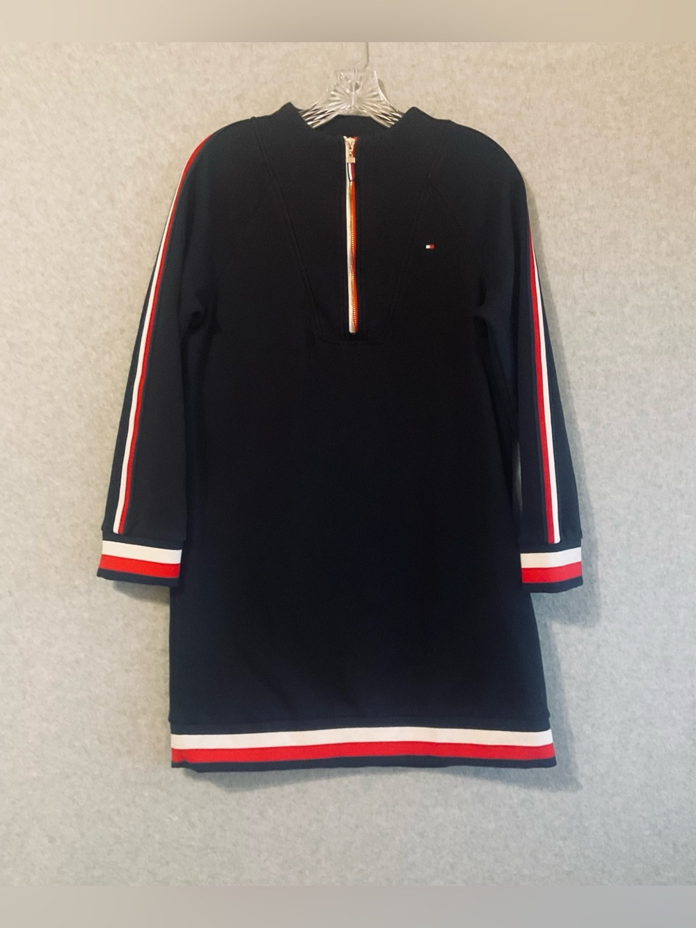 Tommy Hilfiger Navy Long-Sleeve Zip-Front Dress with Flag Stripes Sz M